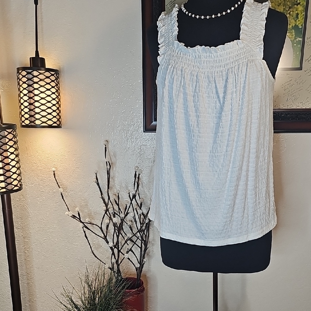 LC Lauren Conrad White Smocked Ruffled Tank Top NWOT